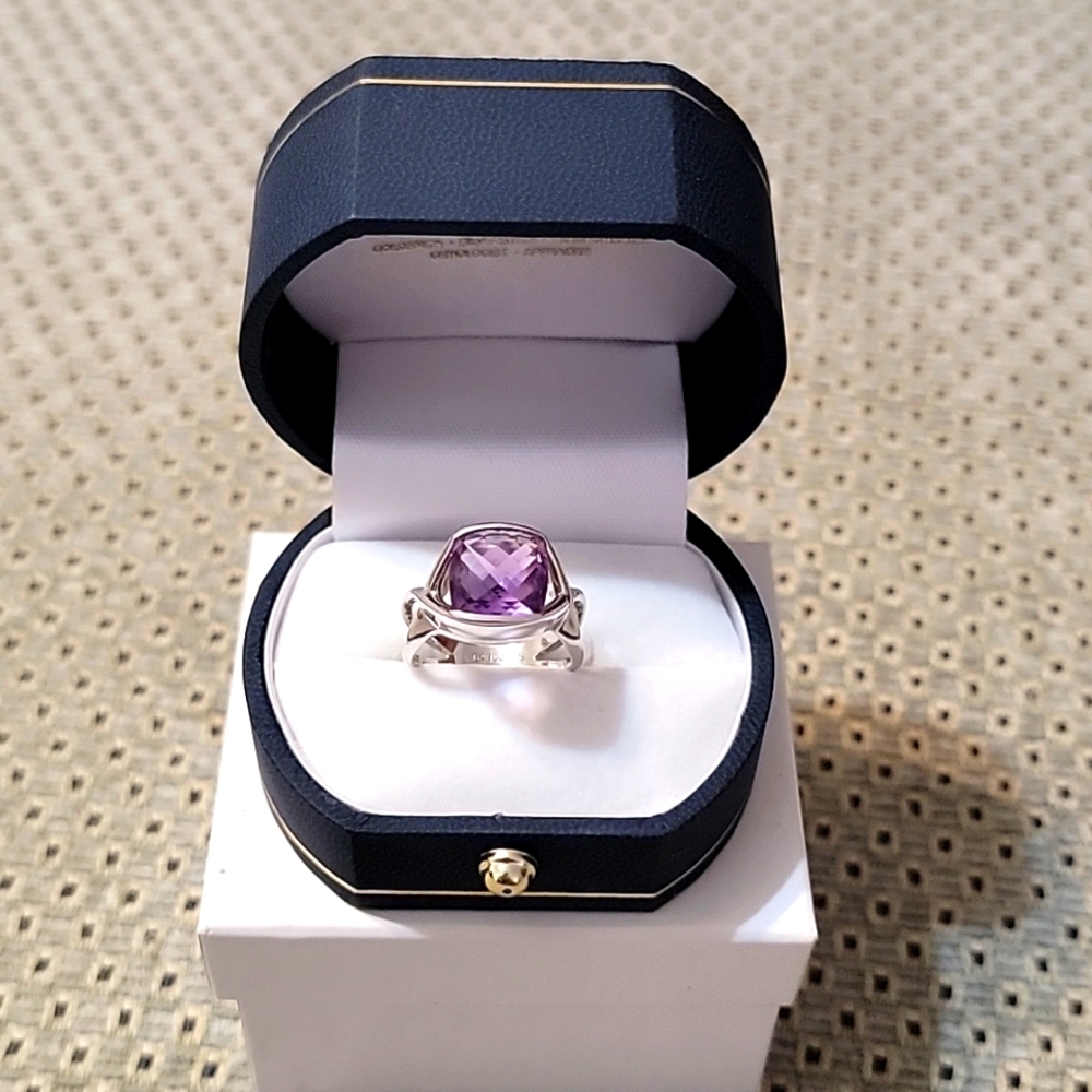 *New in Box* Amethyst & SS Cushion Cut Split Band Ring Size: 7